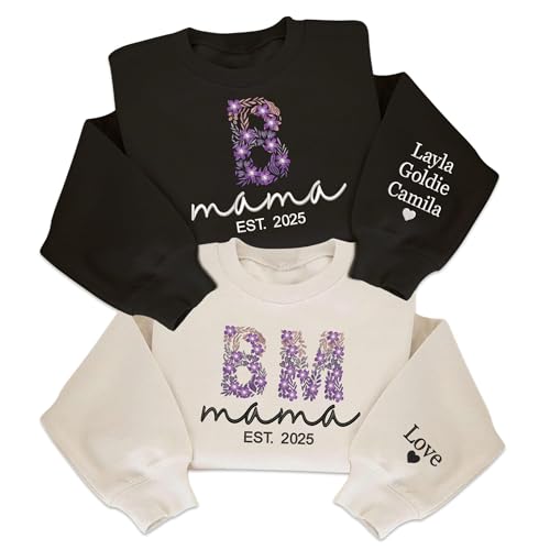 Custom Embroidered Sweatshirt, Personalized Floral Letter, Custom Name & Text, Gift for Mom, Grandma, Christmas