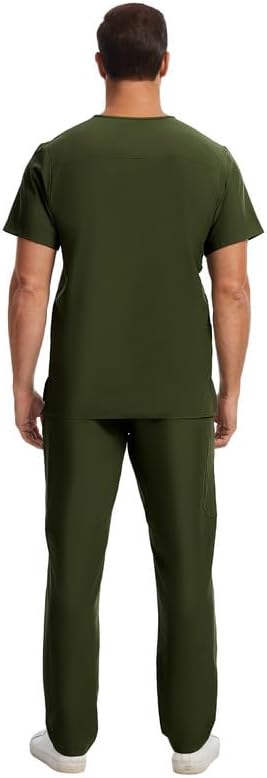 Kitmaz Men's Scrub Set - V-Neck Top & Straight Pants with 12 Pockets, 4-Way Stretchy Breathable Wrinkle Resistant