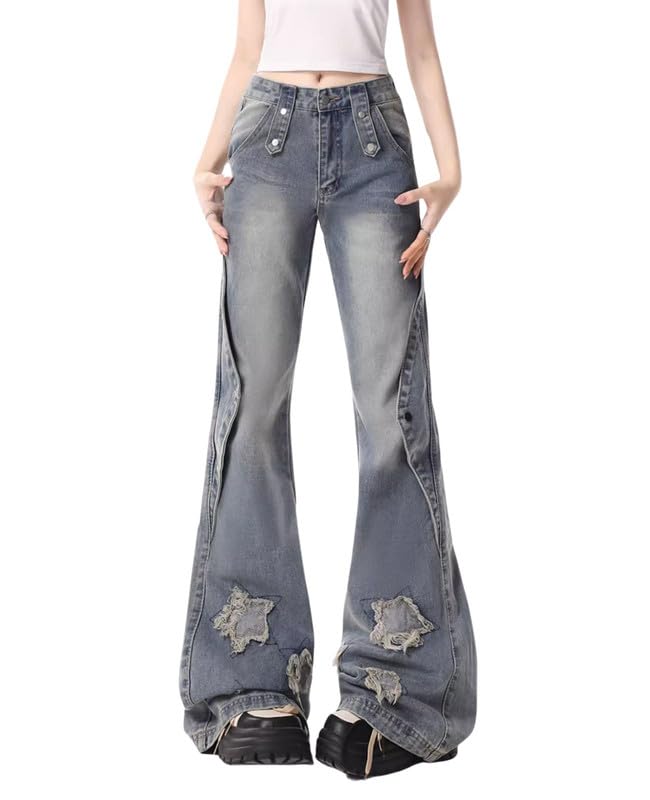 Hopecn Women Y2K Flared Jeans Baggy Aesthetic High Rise Wide Leg Pants 90S Vintage Streetwear Goth Grunge Bell Bottom.