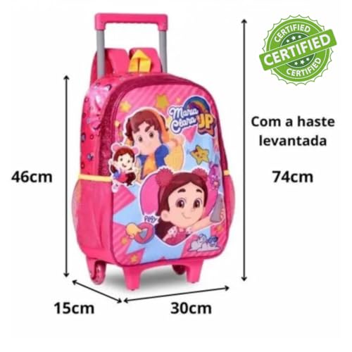 Mochila Infantil com Rodinhas Maria Clara JP, Rosa, 4 Rodas, Alça Ajustável, Bolso Lateral