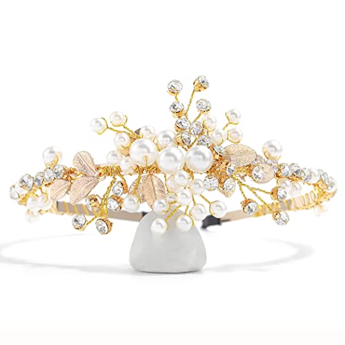 IYOU Flower Girl Headband Pearl Gold Headpiece Crystal Leaf Bridal Wedding Hair Pieces Accessories for Brides and Bridesmaids