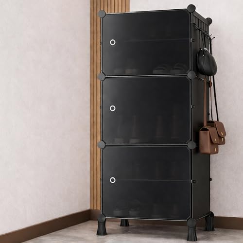 Image of Zemic Multipurpose Modular Plastic Shoe Rack for Home with Door | 𝟔 𝐒𝐡𝐞𝐥𝐟 Stackable Organizer | Waterproof & Dustproof | Space Saving Storage for Home, Bedroom & Entryway【Black, 4-Legs-6-Shelf】