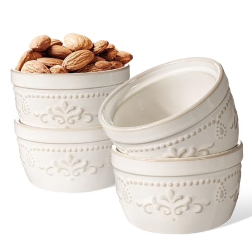 Artena Ramekins Oven Safe, Creme Brulee Ramekins, Embossed White Ceramic Ramiken, Souffle Pudding Custard Cups, Baking Dish, Dipping Bowls, Sauce Cups, Set Of 4 (Damask Floral, 4 oz) Damask 