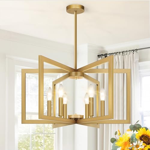 Lynnoland 25-61 Height Adjustable Modern Gold Chandelier for Dining Room No Assembly Required Gold Dining Room Light Fixture Over Table Industrial Metal Pendant Lights Fixture for Kitchen Island