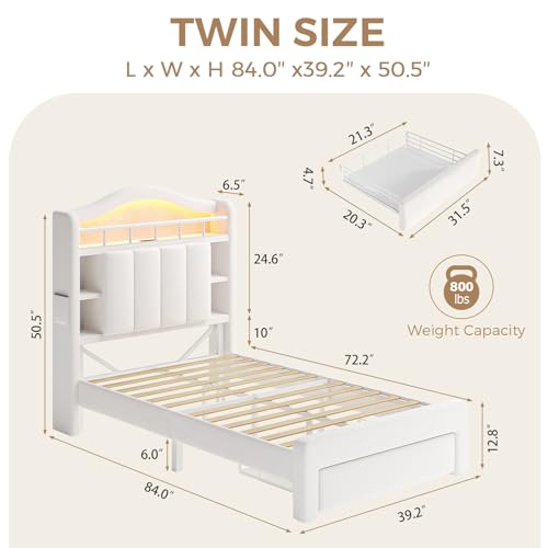 Image of Beige Twin Size LED Bed Frame with Storage Headboard, Upholstered Velvet Princess Bed for Girls with 5 Charging Ports (USB-C & AC), Hidden Privacy Compartment, Sturdy Aluminum Frame & 1 Silent Drawers