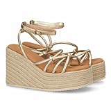 shoes&blues.es 99144 Sandalias de Mujer con Cuna de Yute, Diseno de Tiras Finas Cruzadas en el Empeine, Cierre con Hebilla al Tobillo, Cuna Forrada en Yute Trenzado, Ideal Verano. Oro Talla 36