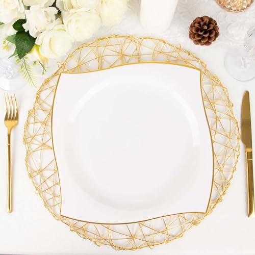 Efavormart 10-Pack 10" White and Gold Wavy Rim Square Plastic Dinner Plates, Elegant Disposable Tableware for for Birthdays Weddings and Upscale Party Event Dining