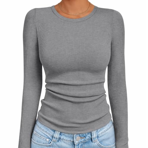 Image of Usewon Womens Tops Long Sleeve Ribbed Slim Fit Fall Basic Shirts Grey S