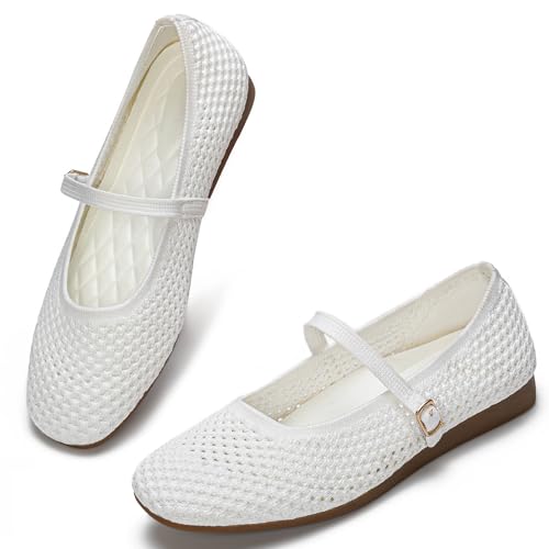Image of Buyrew Women's Mary Jane Flats Breathable Mesh Square Toe Ballet Flats with Arch Support Washable Non Slip Casual Dress Shoes for Work Office