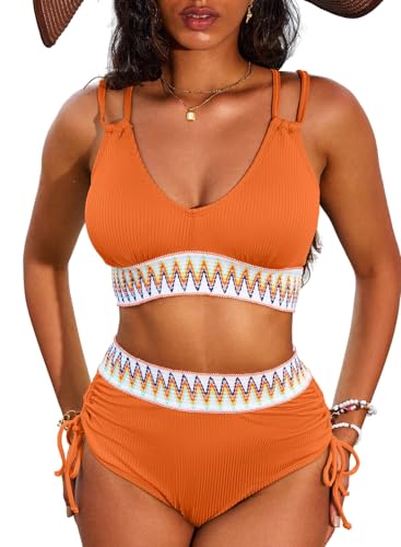 Herseas Women High Waisted Bikini Sets Swimsuits Color Block 2 Piece Drawstring V Neck 2025 Beach Bathing Swim Suit2