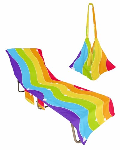 Colorful Art Beach Lounge Chair Towel Cover, Soft Chaise Lounge Towel with Side Pockets Patio Pool Chairs Cover for Beach/Pool Sunbathing 29x85 Rainbow Abstract Art Watercolor Love Heart