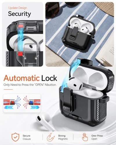 Image of for AirPods 4 Case with Lock (Black) | Compatible with MagSafe,with Phone Stand,with Automatic Snap Switch Carbon Fiber Design Protection Cover with Cleaning Pen