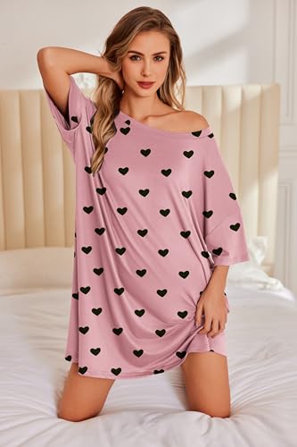 Image of Ekouaer Plus Size Nightgowns for Women Oversized Sleep Shirt Short Sleeve Nightshirt T-Shirt Dress Sleepwear S-5XL