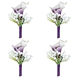 Jackcsale Boutonniere - Juego de 4 flores artificiales de lirio de cala púrpura para novios y padrinos de boda para boda, decoración de traje