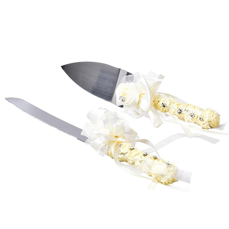 Lagnlnaoy Wedding Cake Knife and Server Set, Stainless Steel with Ivory Flower Decoration, 2-Piece Gift Box