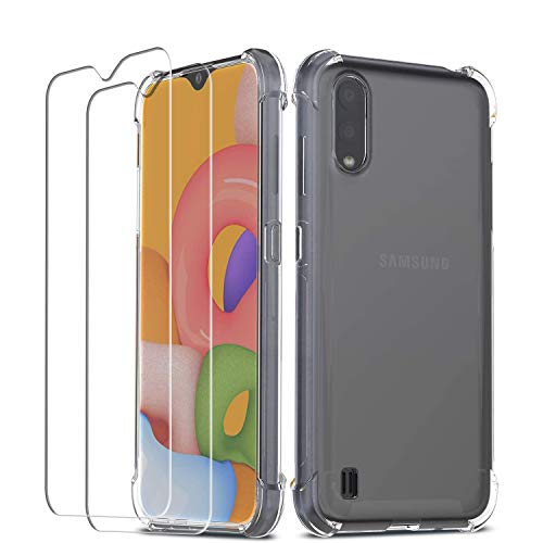 QHOHQ Funda para Samsung Galaxy A01 con 2 Unidades Protector de Pantalla, Carcasa Anti-Choques y Anti- Arañazos - Cristal Templado Membrana - [9H Dureza] - [Anti-Arañazos]