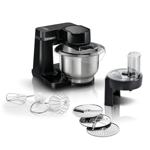 Bosch Keukenmachine serie 2 MUMS2EB01, roestvrij stalen kom 3,8 L, planeetmixer, kneedhaak, klop- en garde, roestvrij staal, doorloopsnijder, 3 schijven, 700 W, zwart