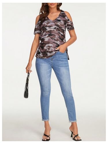 Image of RoseSeek Women's Camo Leopard Cold Shoulder T Shirts Summer Camouflage Tops
