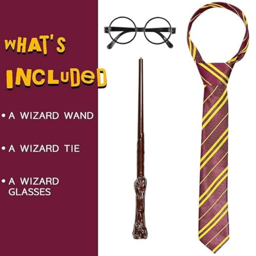 Image of WANNA PARTY Wizard Costume Kit, Harry The Magician Wizarding World Glasses with Tie and Wand Costume Accessory Pack of 3 Pieces