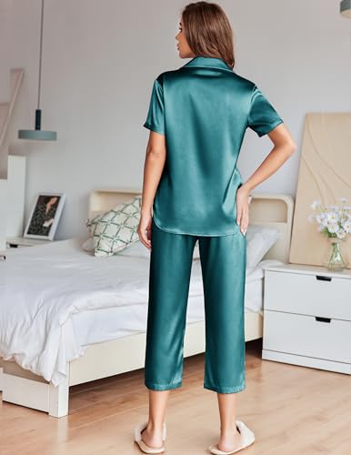 Image of Ekouaer Womens Satin Silky Capri Pajamas Short Sleeve Button Down Sleepwear