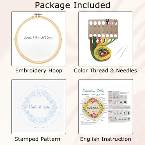 Image of Nuberlic Floral Embroidery Kit for Beginners Cross Stitch Kits- Complete Starter Set with Hoop, Pre-Printed Fabric, Threads & Needles