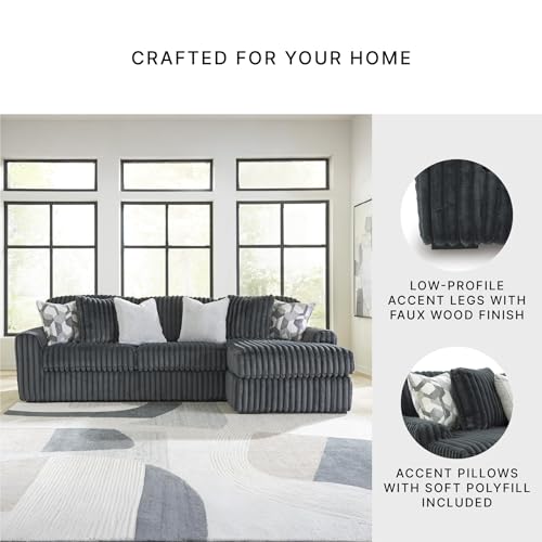 Image of Signature Design by Ashley 3-Piece L-Shape Sectional Sofa, Gunmetal | 100% polyester jumbo corduroy, Engineered wood, Right-arm facing chaise, Living room use, Midnight-Madness Series