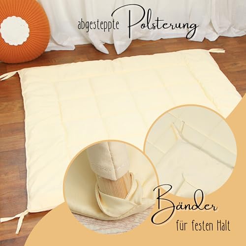 LIONHERZ® Tipi-Matte mit Bänder 120x120cm | gepolsterte Bodendecke für Spielzelt/Spielhaus | weiche quadratische Spieldecke für Kinder| abgesteppte Einlage/Unterlage zum Binden (Sunny Cream)