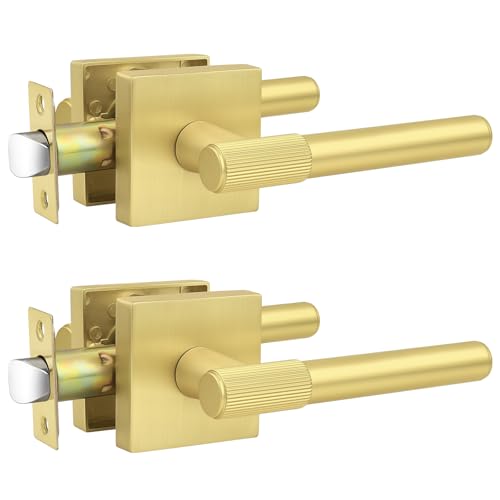 Probrico 2 Pack Brushed Gold Knurled Door Lock, Closet Door Knob, Square Interior Door Handle Set, Heavy Duty Passage Door Handle with Revsersible Lever for Closet and Hallway