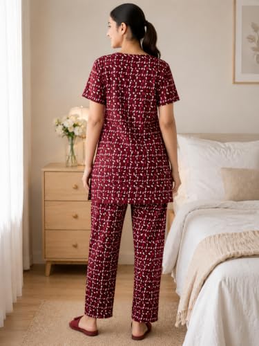 Image of KIAWAH Women Printed Night Suit Set, Cotton Blend Night Suit, A-Line Top and Pajama Set, Soft and Breathable Night Wear