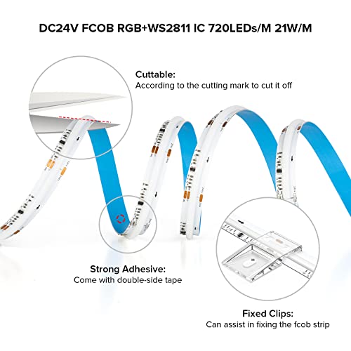 Image of SEZO RGB Smart IC COB LED Strip Lights Addressable WS2811 IC 24V 24ft 720LEDs /m 12mm Width IP30 Color Chasing High Density Uniform FCOB RGB Tape Light for Home Decor DIY(No Adapter & Controller)