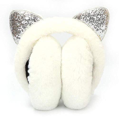 2020 Ohrenschützer mit Katzenohren, winddicht, warm, faltbar, mit Pailletten, für Damen, Mädchen, Plüsch, Fell, Ohrenwärmer mit glänzender 3D-Cartoon-Ohrenschützer 22 * 17cm weiß Cover