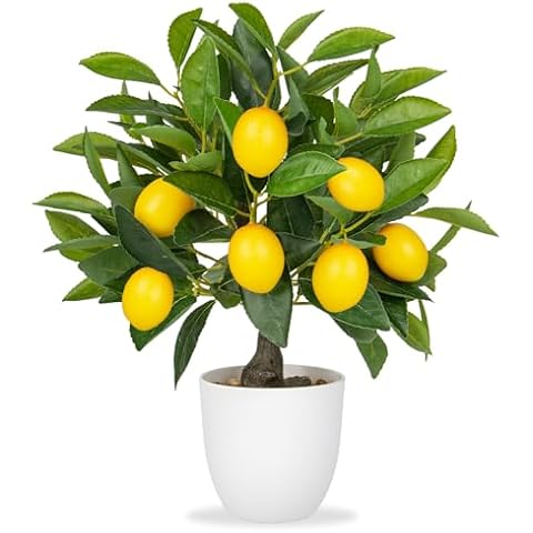 Artificial Potted Plants 15.7 inches Fake Lemon Tree Artificial Lemons Citrus Tree with White Pot Faux Plants Indoor for Home,Office, Living Room Table, Desk Cover
