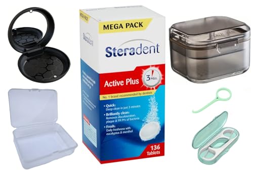 Retainer Mega Pack – 136 Tablets Cleaning Kit with Bath & Travel Cases – Odor-Free Dental Fresh Brite Cleaner for Dentures, Aligners, Invisalign & Mouthguards – Eliminates 99.9% of Bacteria, Cleansers