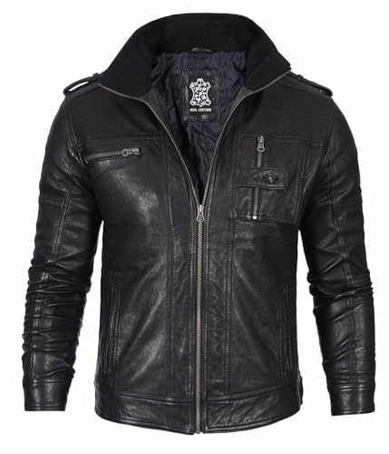 Image of Blingsoul Stylish Black & Brown Cafe Racer Leather Jacket For Men - Real Lambskin Leather Motorcycle Jacket Mens