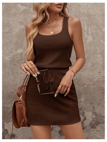 Image of RoseSeek Women's Waffle Knit Belted Tank A Line High Waisted Dresses Square Neck Sleeveless Summer Short Dress