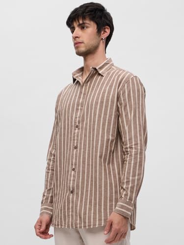 Image of The Souled Store Cotton Linen Stripes: Azure Men and Boys Long Sleeves Collared Neck Button Front Regular Fit Cotton Linen Shirts