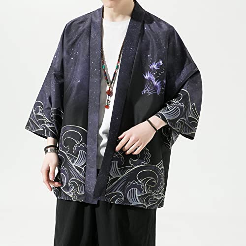 Image of Men's Japanese Kimono Robe Jacket Lightweight 3 /4 Sleeve Open Front Yukata | Silky Smooth Fashion Print Happi Coat Lightweight Breathable Loose Unisex Haori Casual Summer Cardigan Daily Beach Vacation