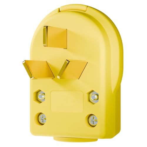Nema 10-50P 50 Amp 125/250 Volt Angle Plug, 3 Pole 3 Wire Grounding Straight Blade for Dyers and Ranges, Works with Cable OD Max. 1.0 Inch Yellow