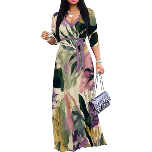Image of PinkPatty Plus Size Maxi Dresses for Women Casual Flowy Long Dress 3 /4 Sleeve V Neck Wrap Dress with Belt