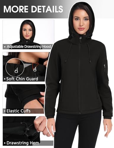 CMTOP Softshelljacke für Damen Kurze Fleece Gefütterte Warme Regenjacke Wasserabweisend und Winddichte Übergangsjacke Funktionsjacke Outdoorjacke Winterjacke Windbreaker mit Kapuze(Schwarz,M)