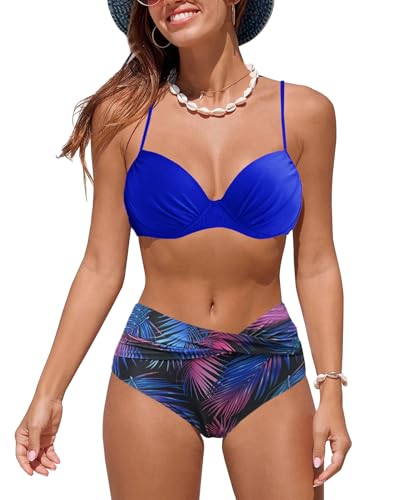JFAN Bañadores Mujer Bikini Push Up Volantes Conjuntos de Bikinis Estampado de Talle Alto Trajes de Baño Reductor Barriga Azul M
