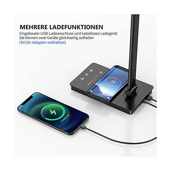 Desk Lamp, Eye-friendly LED Desk Lamp with Wireless Charger and USB, Table Lamp with 5 Colours and 9 Brightness Levels, Touch Control, Timer, Memory Function, for Learning, Working, 10 W - Image 4
