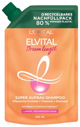 L'Oréal Paris Elvital Shampoo Nachfüllpack, Haarshampoo Gegen Spliss, Für Traumhaft Langes Haar, Mit Rizinus-Öl, Dream Length, 1 X 500 Ml