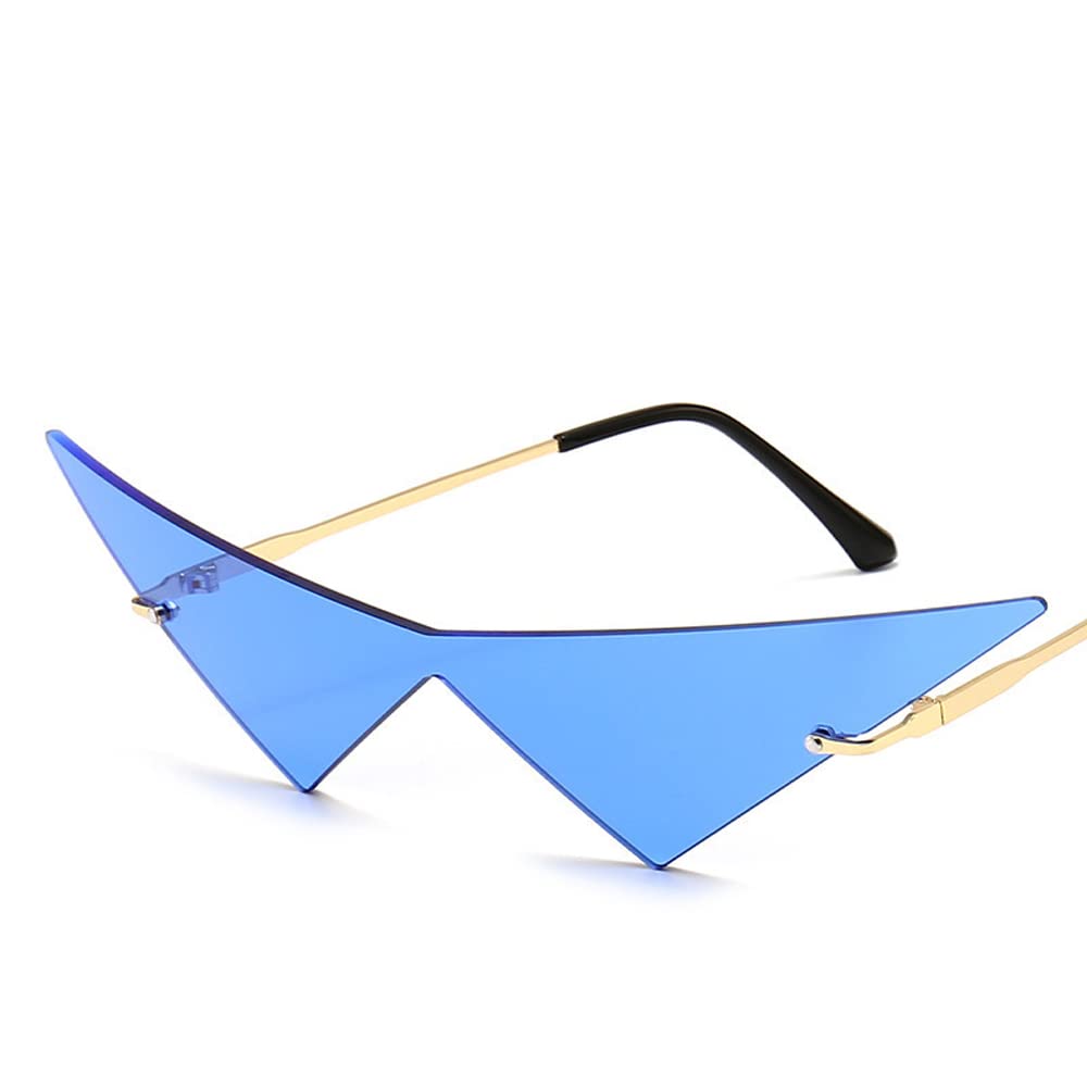 Oversized Cat Eye Rimless Sunglasses Women Fashion One Piece Lens Sun Glasses Female Trend Triangle Eyewear Men UV400(Color:Blue)