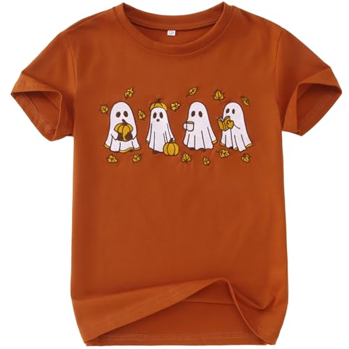 BOUTIKOME Kid Boy Girls Halloween T-Shirt Embroidered Ghost Pumpkin Shirts Spooky Season Tees Short Sleeve Fall Tops Outfits