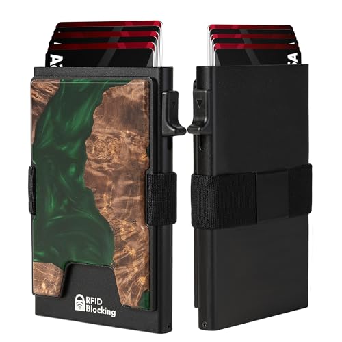 Image of Minimalist Mens Card Holder Wallet, RFID Blocking Slim Smart Pop Up Aluminum Wallet,Holds 12+ Cards,Expandable Compact Plate,Cash Strap /Money Clip (Resin Green Wood)