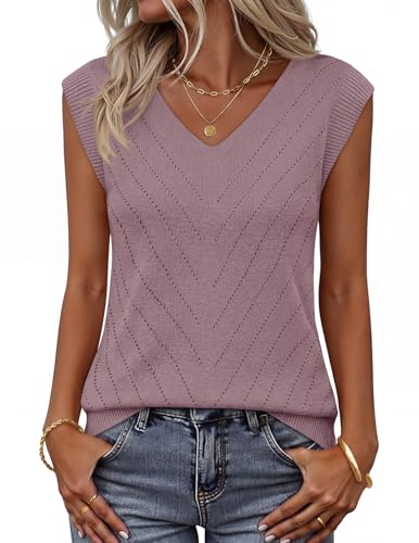 MEROKEETY Women Summer Sleeveless Knit V Neck Sweater Vest Greypurple M