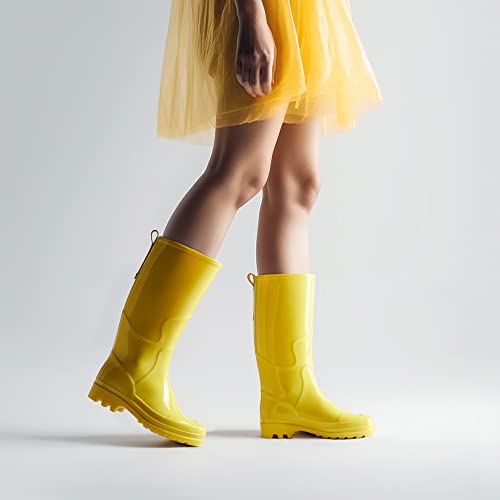 Hisea Rain Boots For Women Waterproof Garden Boots, Knee High Rain Shoes, Non Slip Seamless Welly Yellow #TOP1