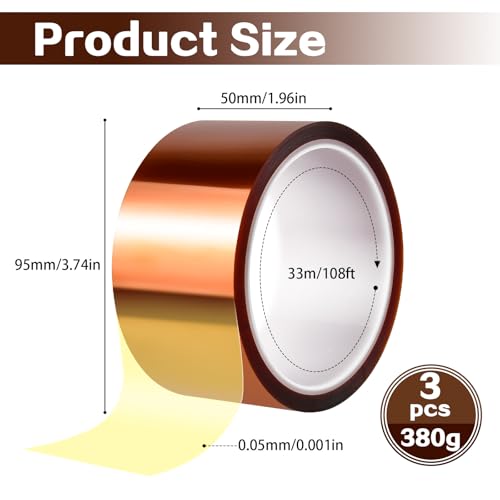 Image of 3 Roll Heat Tape, 50 mm(1.96 in) x 33 m(108 ft) Heat Resistant Tape, Heat Tape for Sublimation Up to 200 ℃(392 ℉), No Residue Heat Transfer Tape for Soldering, Masking, 3D Printer Application