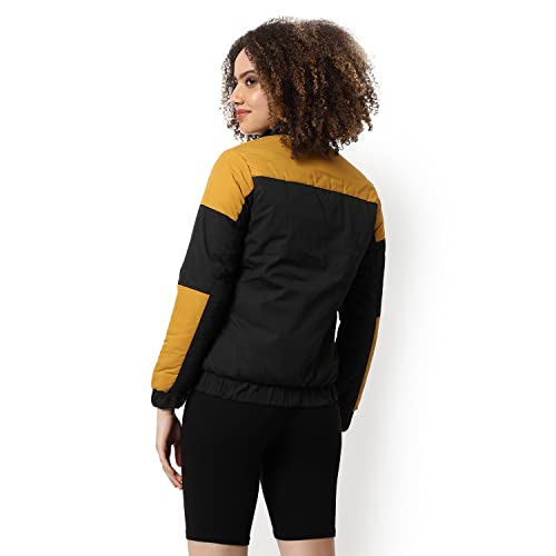 Image of Campus Sutra Women Mustard & Black Multicolour Puffer Regular Bomber Jacket For Winter Wear | Low-Cut Standing Collar | Full Sleeve | Zipper | Casual Jacket For Woman & Girl